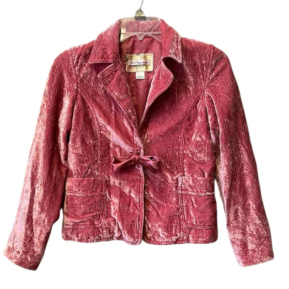 Vintage Old Navy Girls Pink Velvet Embroidered Blazer w/Bow Pockets Split Cuff L
